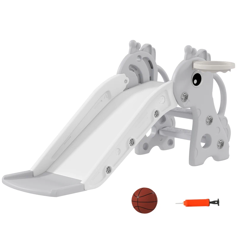 AIYAPLAY 3 in 1 Kids Slide with Climber, Basketball Hoop and Ball, Giraffe Shape Climber Slide for Indoor Kids Age 1-3, Grey
