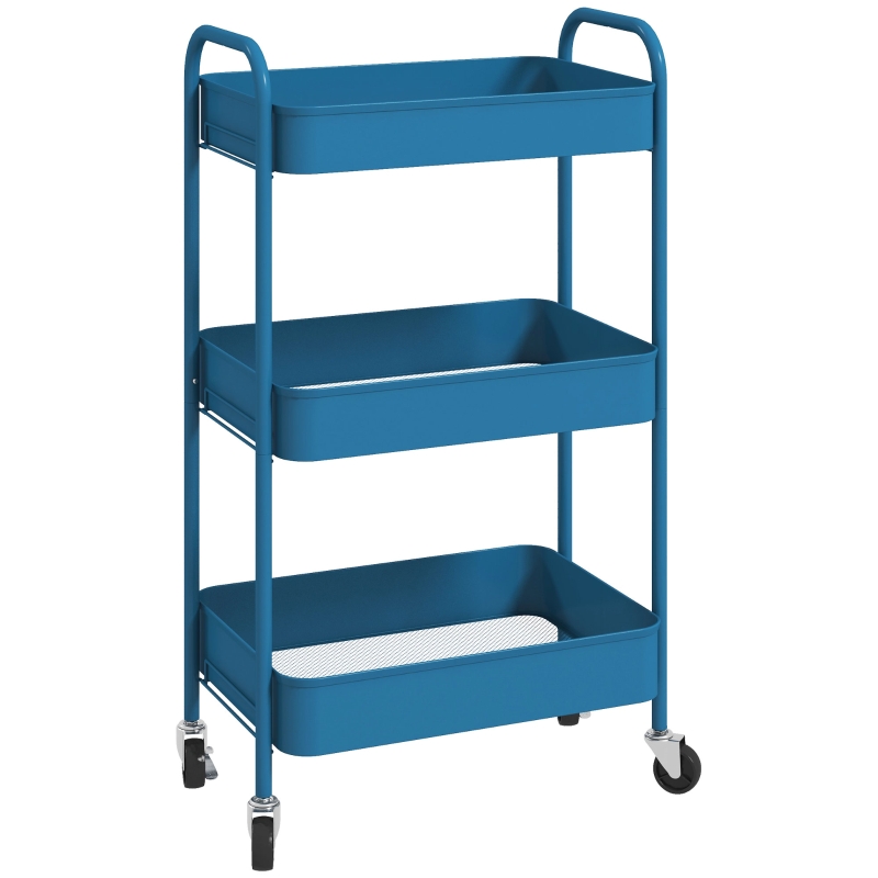 HOMCOM Steel storage trolley service cart on wheels 3 perforated trays 45 x 30.6 x 79 cm dark blue