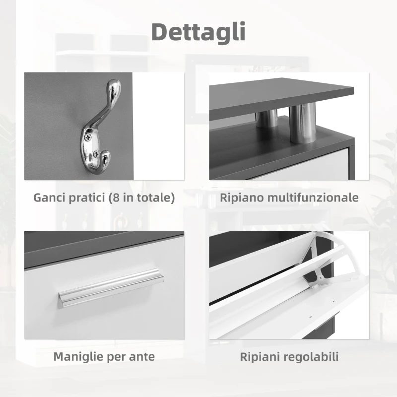 Mobile Appendiabiti da Ingresso a Parete con Specchio, 2 Pannelli a Muro, Mensola e Scarpiera, Grigio e Bianco