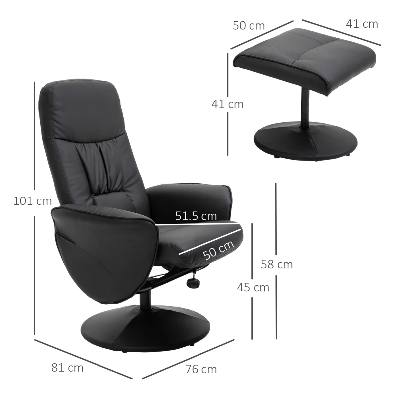 HOMCOM Recliner with Footstool, Relaxing Swivel Recliner 360° with Adjustable Backrest for TV, Supports up to 120 kg, Black Synthetic Upholstery, Metal