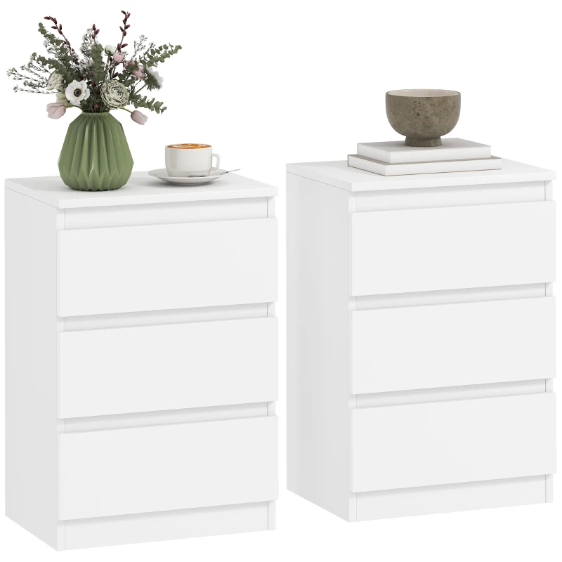 HOMCOM Nightstand, Set of 2 Side Tables with 3 Drawers, Bedside Cabinet, Nightstand for Bedroom, Living Room, 40 x 30 x 59.5 cm, White