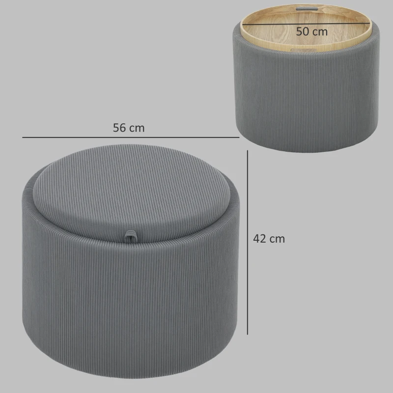 HOMCOM Storage Ottoman with Storage Compartment, Round, Footrest, Cord Fabric, MDf, Gray
