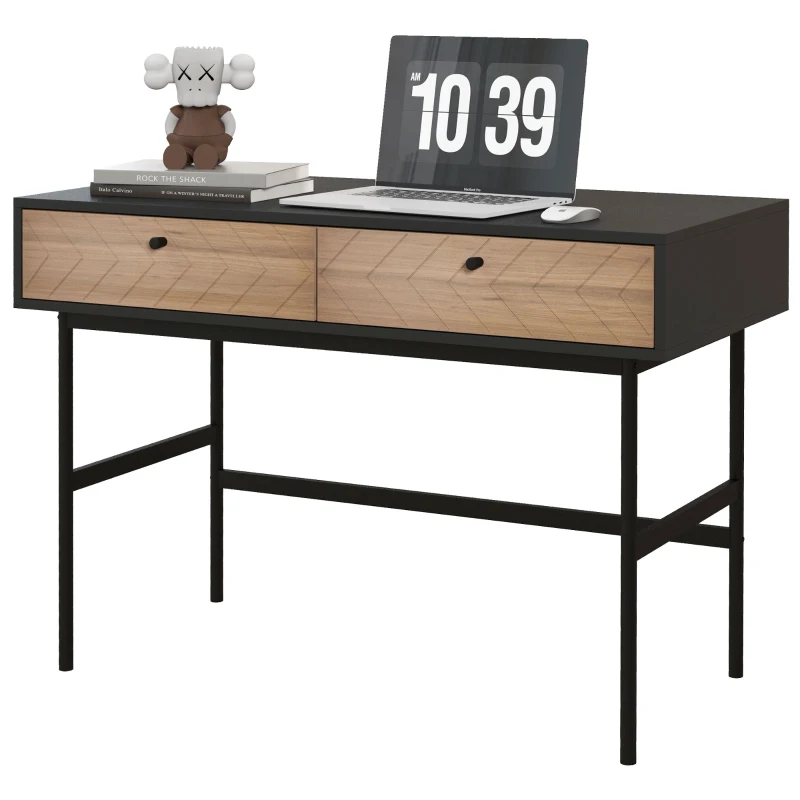 HOMCOM Compact console desk with 2 drawers, chevron-front panels, black metal frame, 106L x 50l x 77H cm
