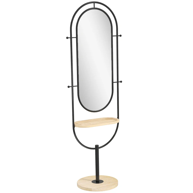 HOMCOM Oval Full Length Mirror with Wooden Tray and 4 Hooks - Black