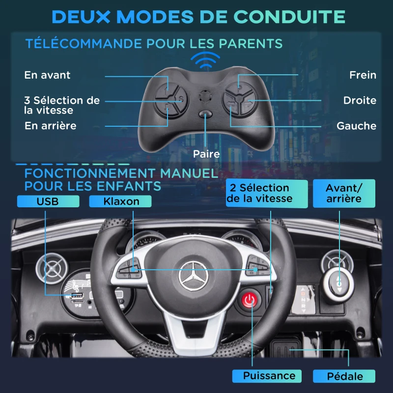 AIYAPLAY Voiture électrique enfants licence Mercedes SLC 300 12V V. Max. 5 Km/h effets sonores lumineux télécommande noir(m-5)