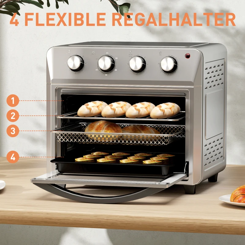 HOMCOM Minibackofen mit Umluft, Heißluftfritteuse, 6 Heizmodi, Timer, Zubehör, 24L, Silber