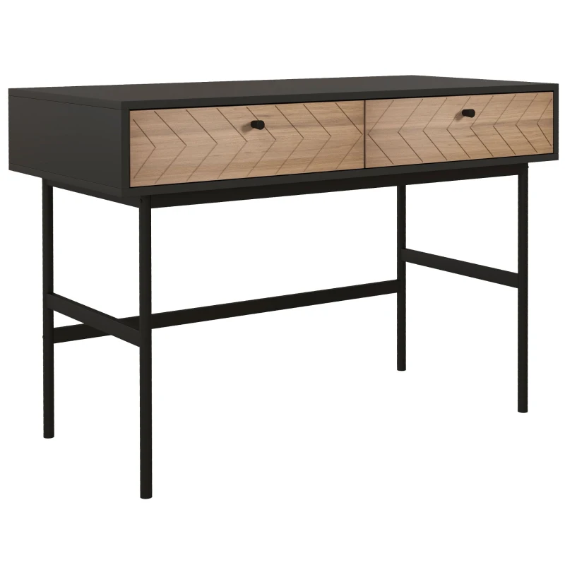 HOMCOM Compact console desk with 2 drawers, chevron-front panels, black metal frame, 106L x 50l x 77H cm