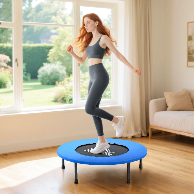 HOMCOM 32" Mini Fitness Trampoline Home Gym Yoga Exercise Rebounder Indoor Outdoor Jumper with Safety Pad, Support Up to 100 KG, Blue and Black