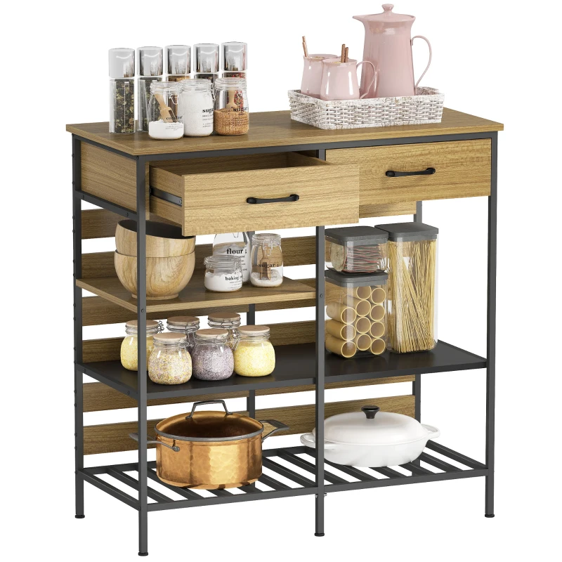 HOMCOM Kitchen sideboard, storage cabinet with 2 drawers and 3 open shelves, 90 x 40 x 91 cm, natural wood and black