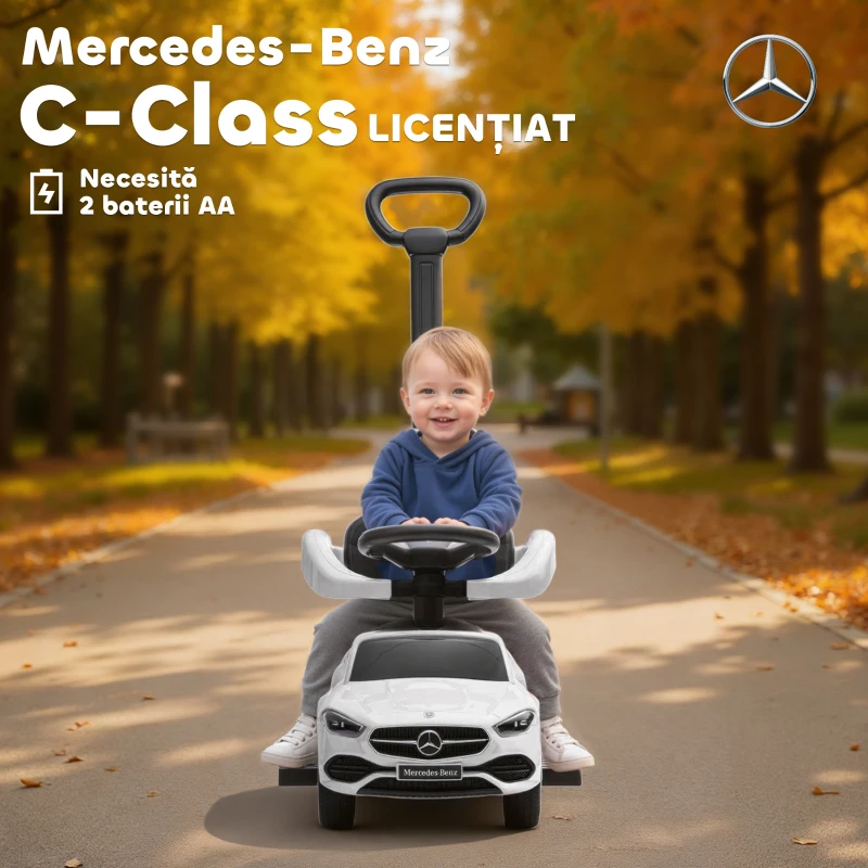 AIYAPLAY Mașină de Călărit pentru Copii 1-3 Ani Convertibilă în Cărucior cu Licență Mercedes, 91x40x83 cm, Alb