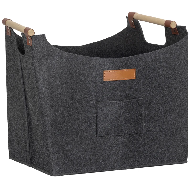 Outsunny Borsa in Feltro Portalegna da Interno con Manici in Legno, Capacità 15 kg, 45x32x40 cm, Grigio
