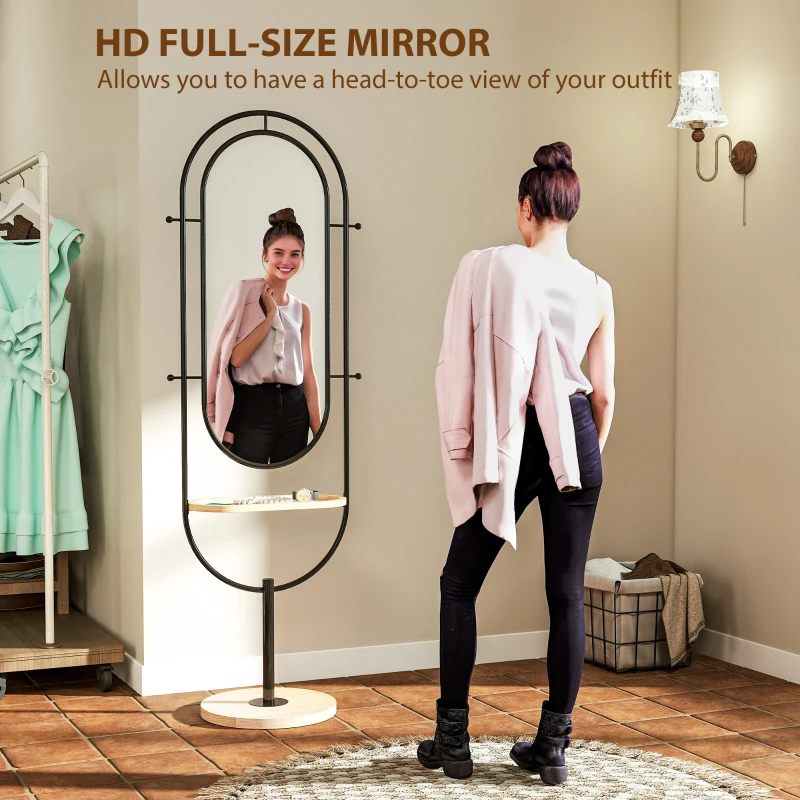 HOMCOM Oval Full Length Mirror with Wooden Tray and 4 Hooks - Black
