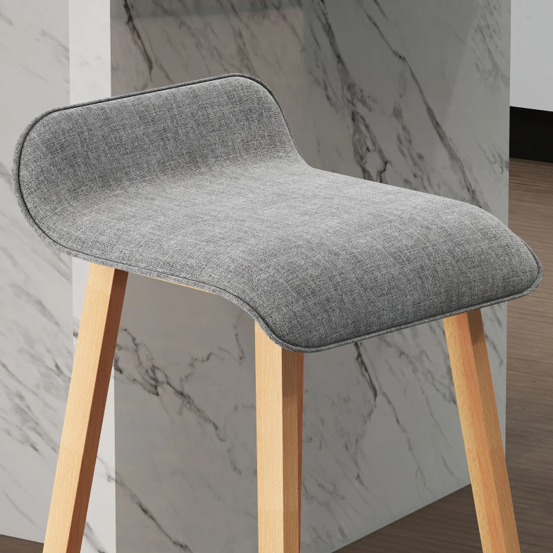HOMCOM Scandinavian-style Bar Stools - Set of 2 Bar Stools with Footrest - Pine Wood Polyester Linen-Look Grey