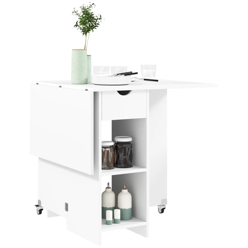 HOMCOM Foldable dining table for 2–4 people, foldable kitchen table with storage, extendable table on casters, white