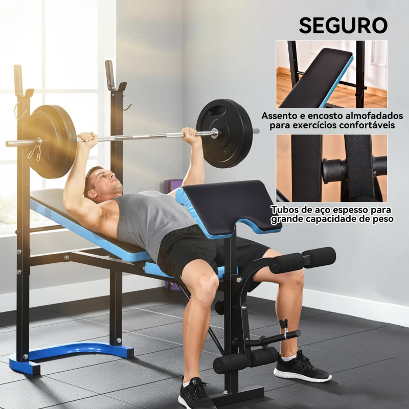 HOMCOM Banco de Musculação Multifuncional com Suporte para Barras e Encosto Ajustável 155x56,5x120 cm Preto e Azul