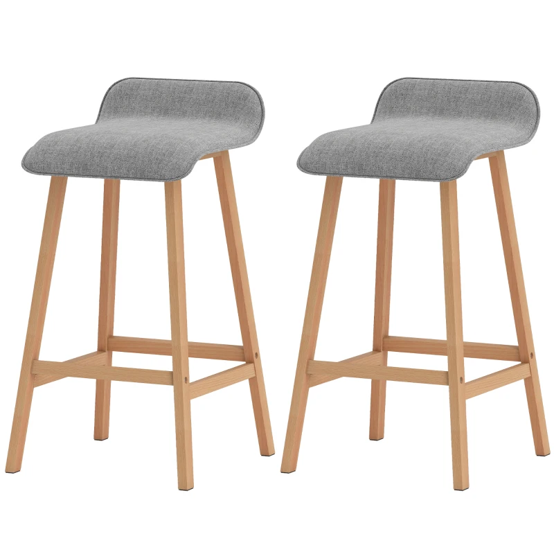 HOMCOM Scandinavian-style Bar Stools - Set of 2 Bar Stools with Footrest - Pine Wood Polyester Linen-Look Grey