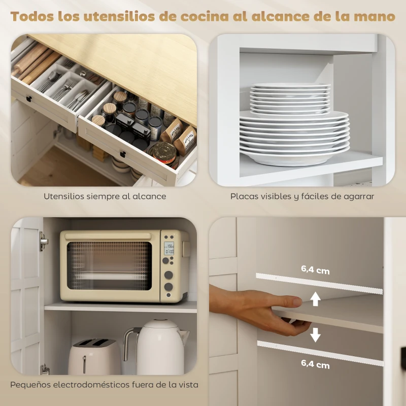 HOMCOM Isla de Cocina con Ruedas Encimera Plegable 2 Puertas con Cierre Suave 2 Cajones 6 Estantes Abiertos Blanco