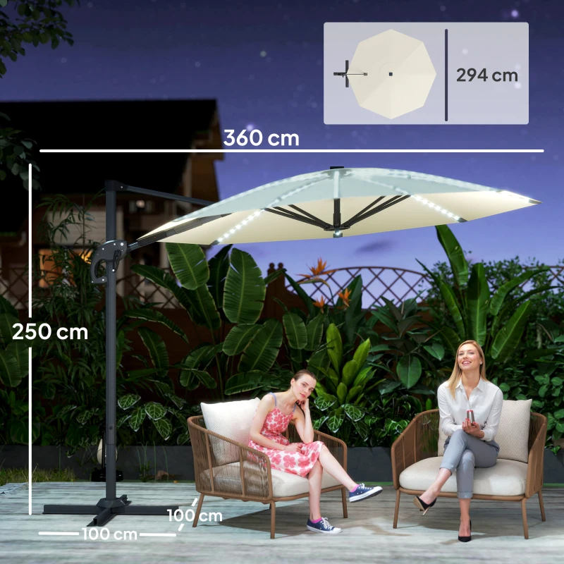 Outsunny 3(m) Cantilever Garden Parasol with Solar Powered Lights, Crank Handle & Cross Base, UPF 50+, 360° Rotation, Cream