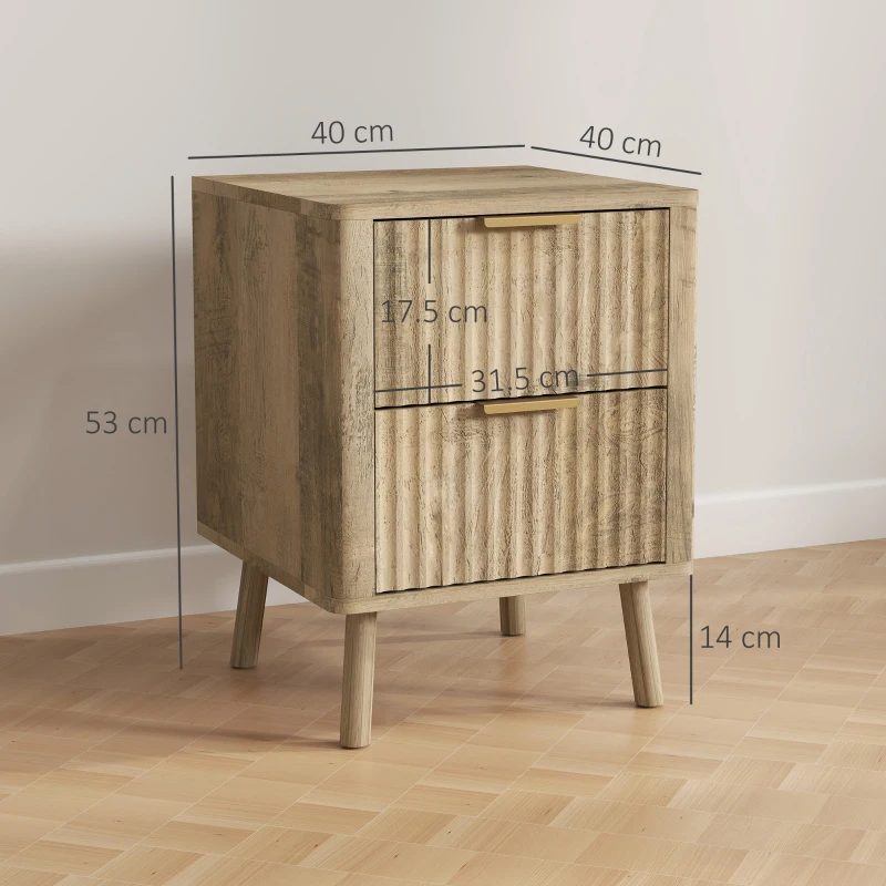 HOMCOM Set of 2 nightstands with 2 fluted drawers for bedroom, living room, 40 x 40 x 53 cm, oak
