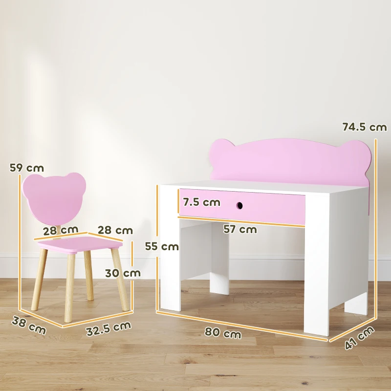 AIYAPLAY Desk set for children, work table and chair with bear shape, drawer, for writing and crafting, 3-8 years, Pink