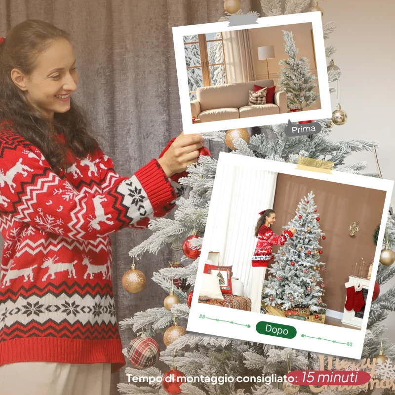HOMCOM Albero di Natale Innevato Alto 210 cm con Rami Realistici e Base in Metallo Pieghevole