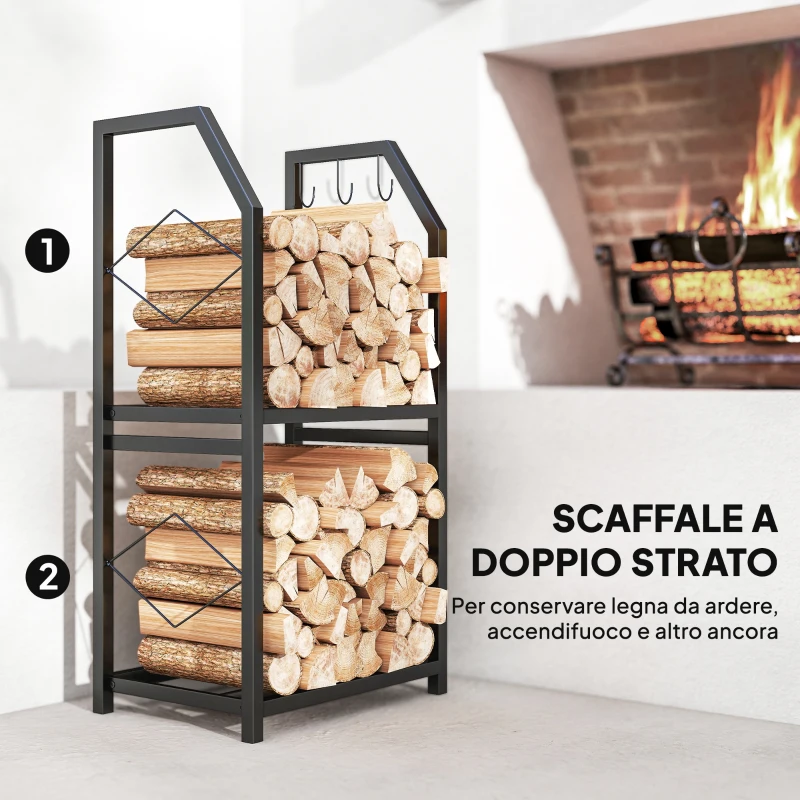 Outsunny Portalegna da Esterno e Interno a 2 Livelli con 3 Ganci Laterali in Acciaio, 41x30x81 cm, Nero