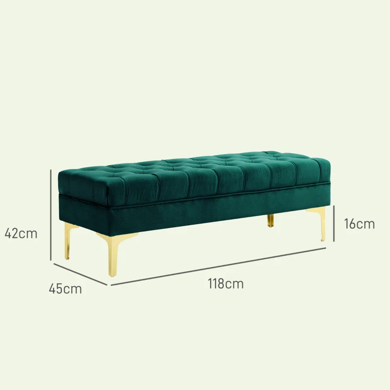 HOMCOM Tufted end-of-bed bench classic chic style dim. 118L x 45l x 42H cm gold metal legs green velvet