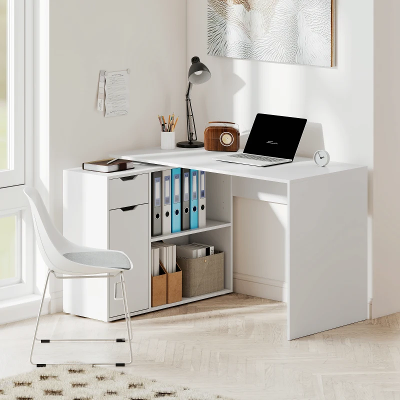 HOMCOM Flexible desk, 2-tier cabinet, drawer, open shelves, wood, white