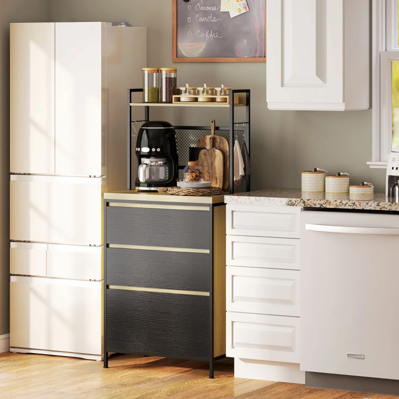 HOMCOM Industrial-style kitchen cabinet with 3 drawers, worktop, shelf and 4 hooks, 60x40x132cm