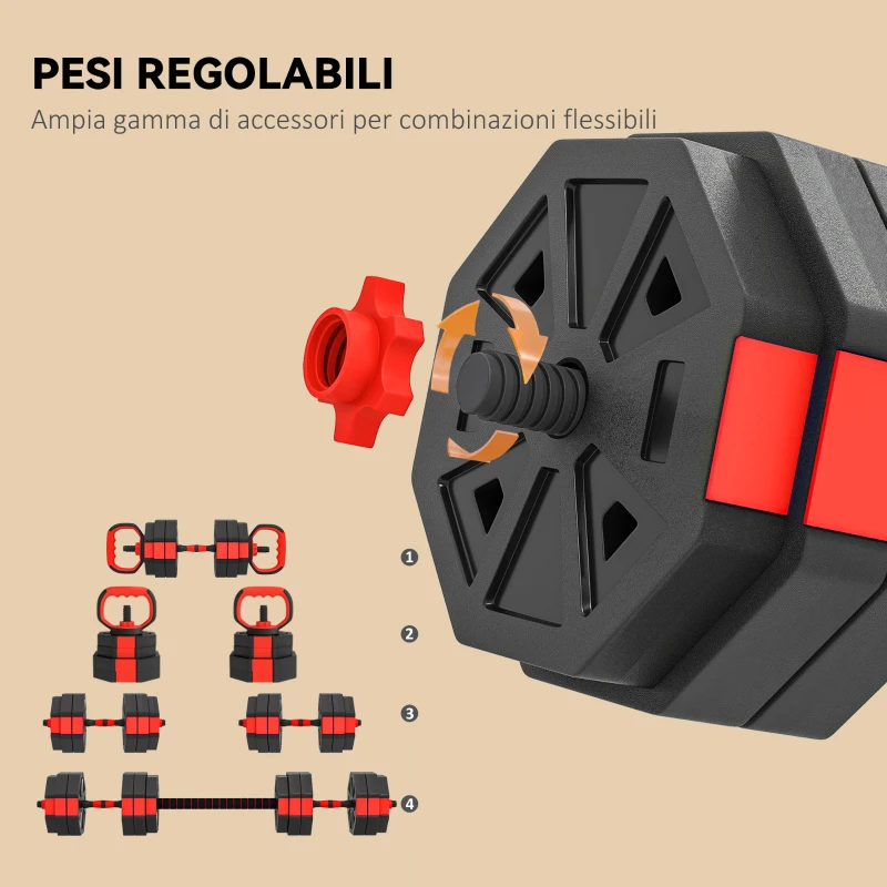 SPORTNOW Set Pesi da Palestra 4 in 1 da 30kg, Convertibile in Kettlebell, 2 Manubri, Bilanciere e Supporto Flessioni, Rosso