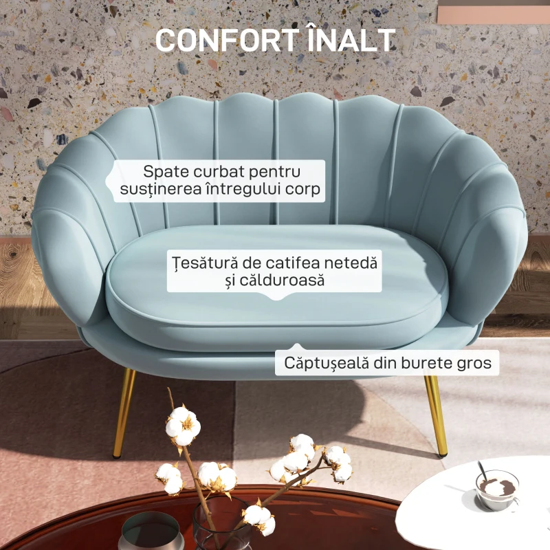 HOMCOM Canapea de 2 Locuri cu Brațe, Canapea Modernă cu Șezut Căptușit pentru Dormitor și Sufragerie, 130x77x77 cm, Albastru(m-5)