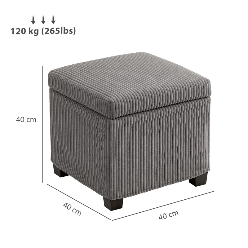 HOMCOM 30 L Storage Ottoman Chest with Removable Lid, Padded Corduroy Cube Ottoman, 40 x 40 x 40 cm, grey