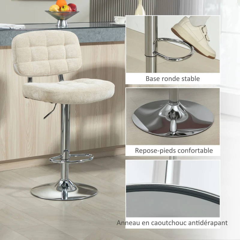 HOMCOM Set of 2 bar stools with backrest, height adjustable with footrest, steel frame, 120 Kg capacity, beige