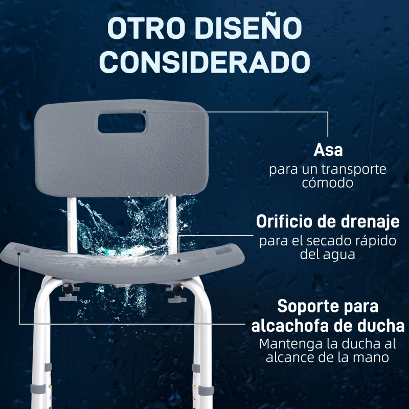 HOMCOM Taburete de Ducha Silla para Ducha con Respaldo Antideslizante Altura Regulable en 8 Niveles Carga 136 kg