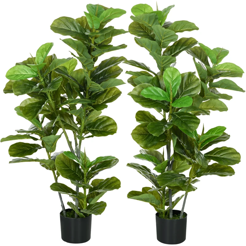 HOMCOM Set of 2 Artificial Fiddle Leaf Fig Plants with Pot Included 110 cm Tall Green
