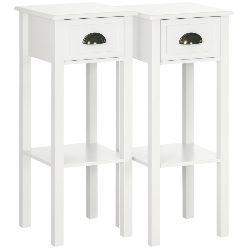 HOMCOM Set of 2 Side Tables End Table Pedestal - drawer, shelf - dim. 30L x 30l x 75H cm - shell handles Aged Brass MDF White