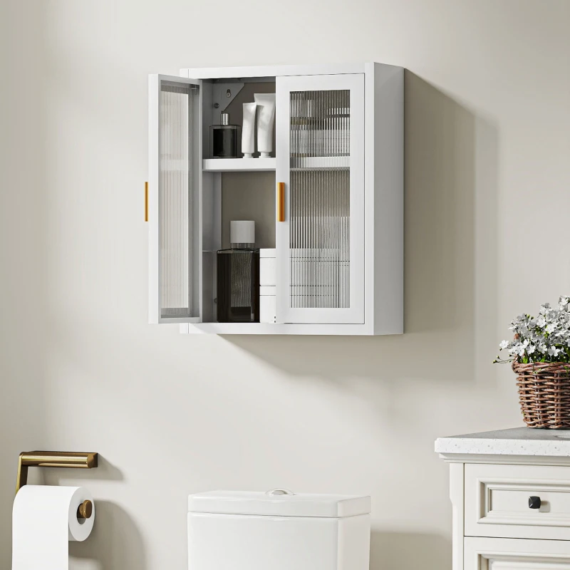HOMCOM Wall-mounted bathroom cabinet, bathroom tall cabinet with 2 fluted doors, adjustable shelf, 40x14x50cm, white