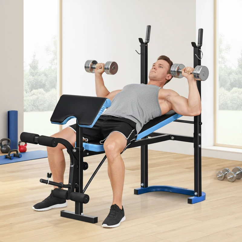 HOMCOM Banco de Musculación Banco de Pesas con Soporte para Barra y Respaldo Ajustable para Entrenamiento en Casa Gimnasio Azul