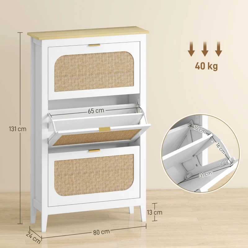 HOMCOM 21-Pair Boho Shoe Cabinet with 3 Flip-down Drawers, Rattan Cane-effect Doors, 80 x 24 x 131 cm, White