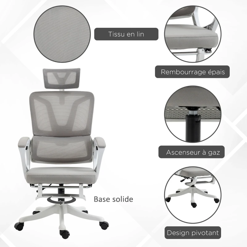Vinsetto Office chair adjustable backrest retractable footrest adjustable headrest lumbar support mesh fabric white and gray