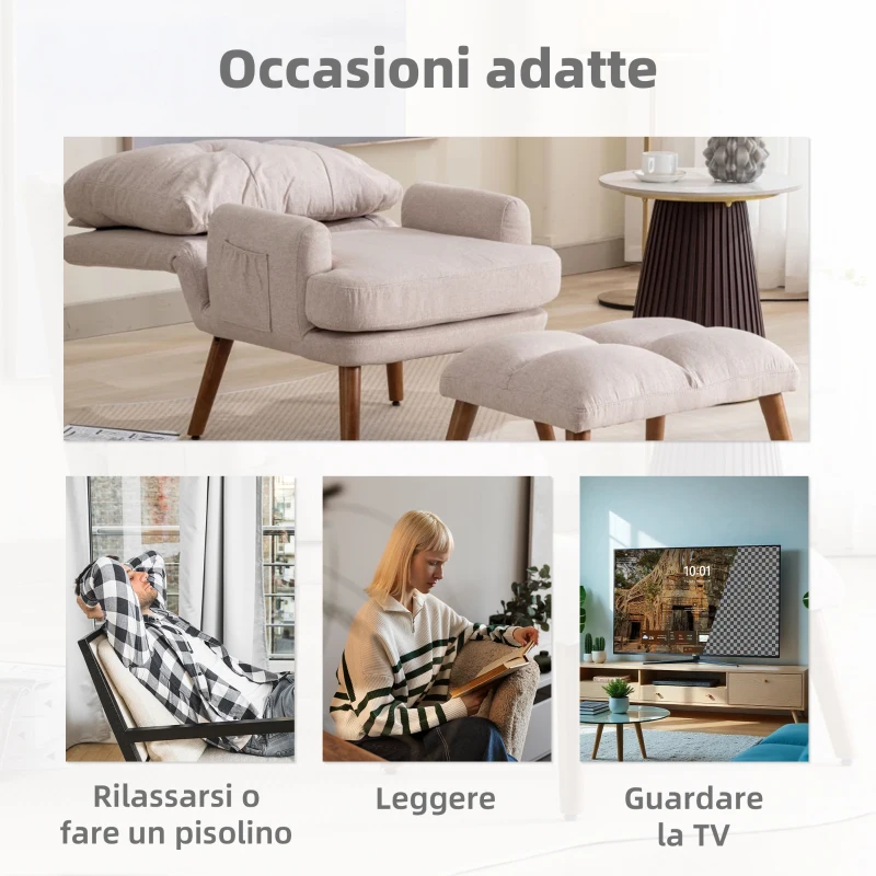 Poltrona lounge con Poggiapiedi, Schienale Regolabile su 10 Livelli e Tasca Laterale, Bianco