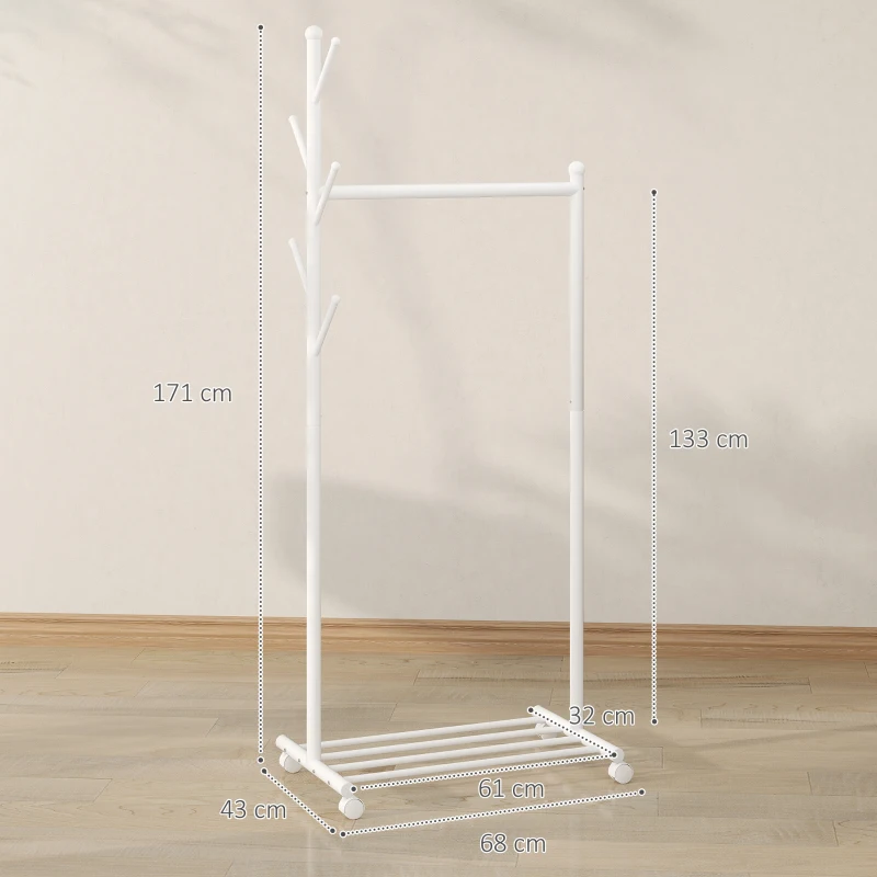 HOMCOM Burro para Ropa con Ruedas 5 Ganchos Barra para Colgar y Balda Inferior para Recibidor Entrada 68x43x171 cm Blanco