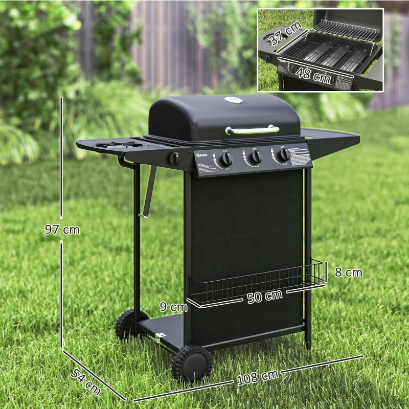 Outsunny Barbecue a Gás com 3+1 Queimadores 9,5 kW Termómetro Grelha Recolhedor de Gordura e 2 Rodas 108x54x97 cm Preto