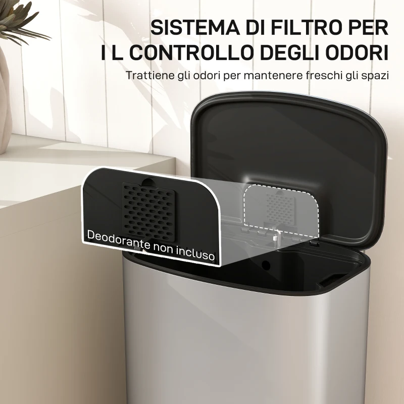 HOMCOM Pattumiera a Pedale da 50L con Coperchio Ammortizzato, Apertura a 90° e Secchio Rimovibile, Acciaio Inox, Grigio