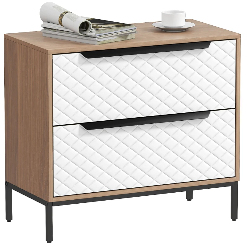 HOMCOM Commode avec 2 Tiroirs en Tissu Façades à Motif Losange pour Salon Bureau Dressing Naturel et Blanc