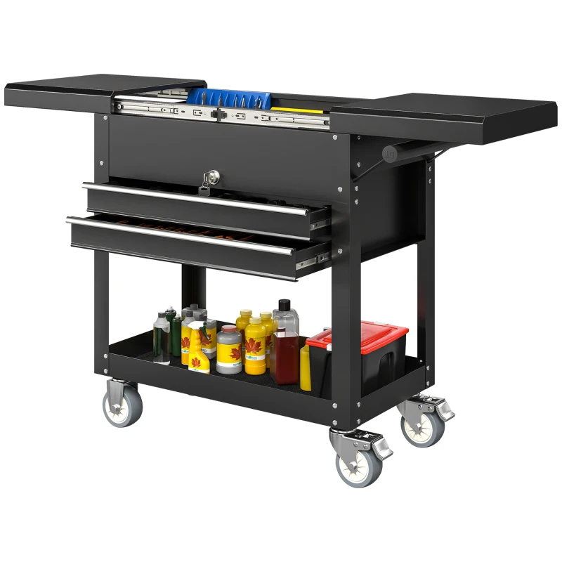 HOMCOM Workshop trolley, rolling tool cabinet with sliding top, lockable drawers, 130x38x80cm, black