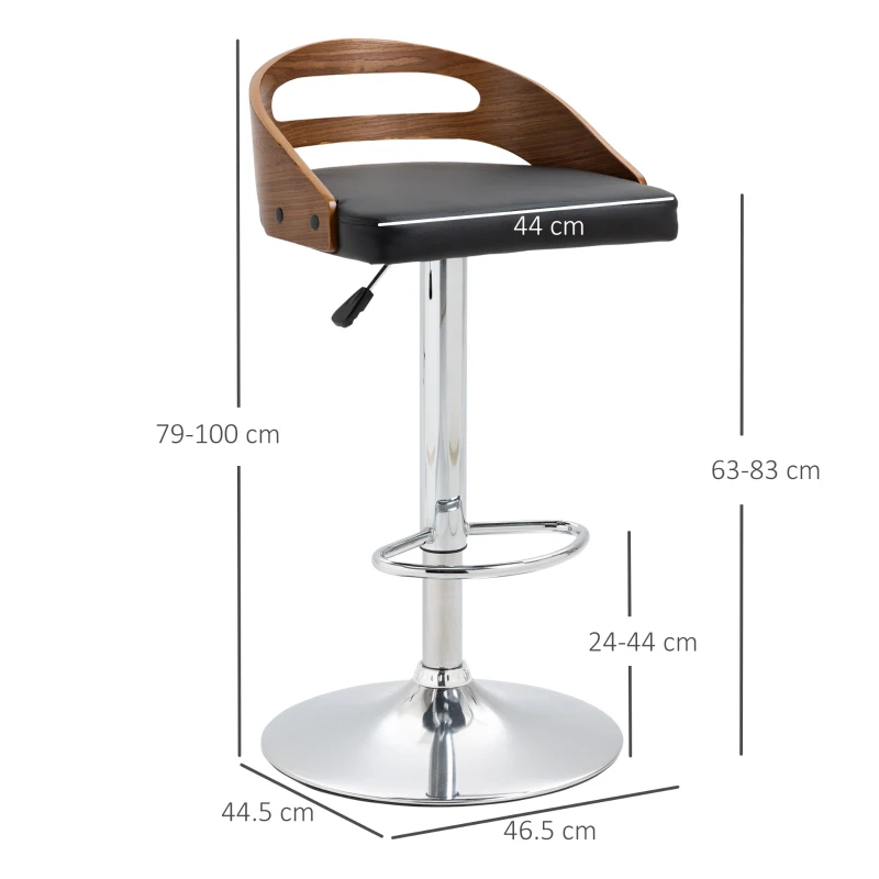 HOMCOM Set of 2 Contemporary Design Bar Stools Adjustable Seat Height 360° Swivel PU Synthetic Upholstery Black Slatted Wood-Effect Backrest