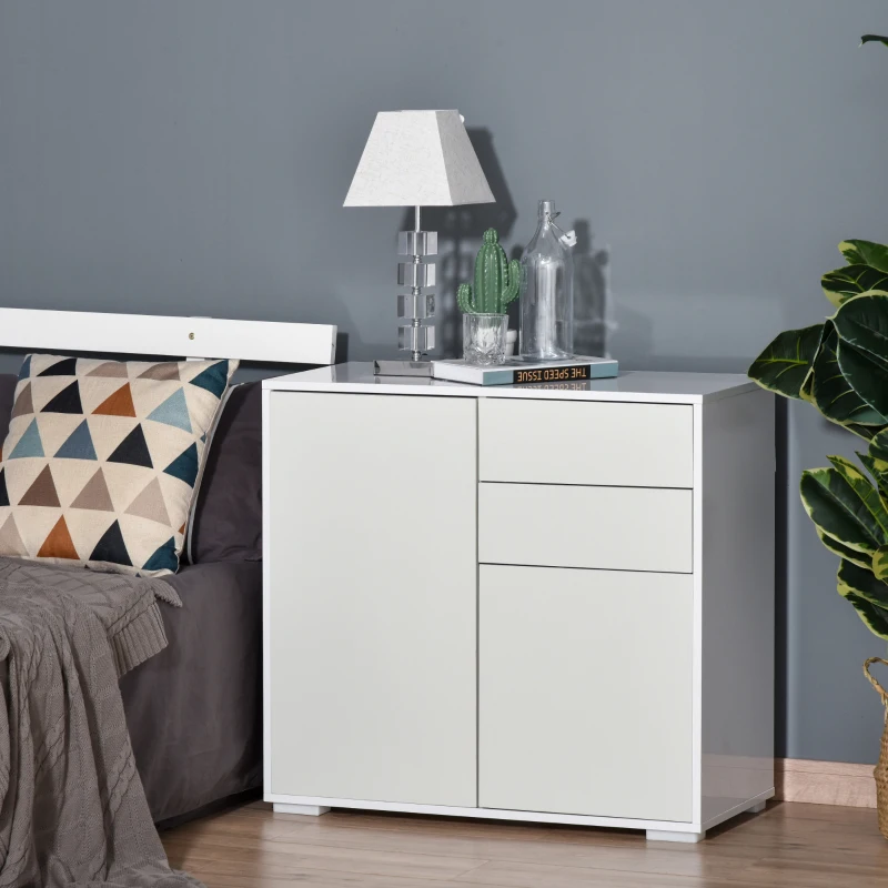 HOMCOM Meuble de rangement buffet commode armoire de rangement avec 2 tiroirs et 2 placards à portes, étagères réglables, pour salon, cuisine, chambre, 79 x 36 x 74 cm blanc