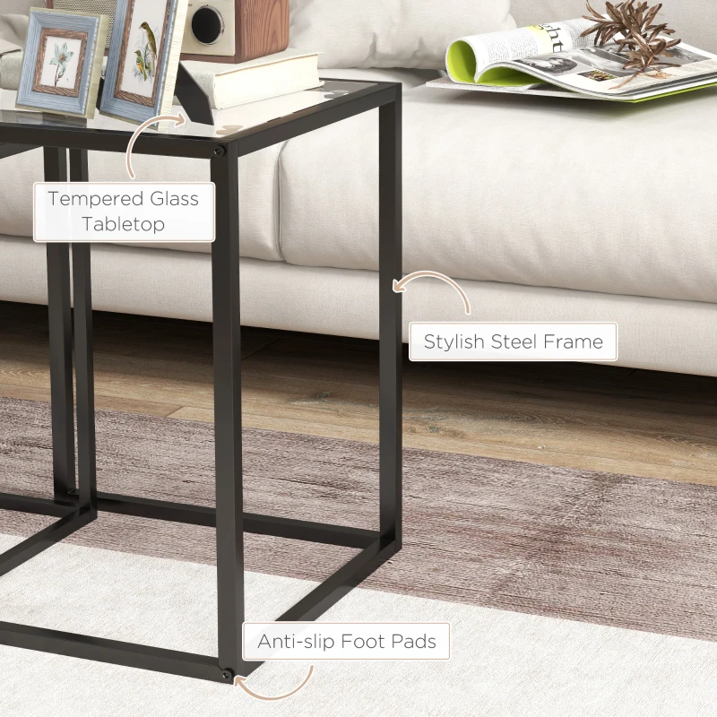 HOMCOM Nesting Tables Set of 2, Side End Table with Tempered Glass Top and Steel Frame for Living Room, Bedroom, Black