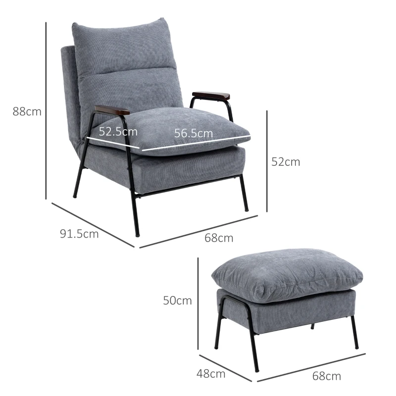 HOMCOM Armchair with Ottoman Upholstered Recliner, incl. Cushion, 68 cm x 91,5 cm x 88 cm, Light Gray